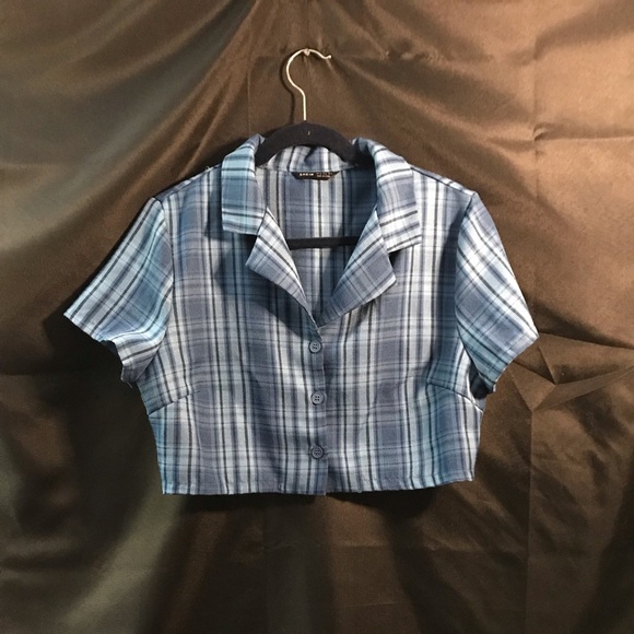Jackets & Blazers - Y2K Inspired Blue Plaid Cropped Button Front Shirt Sz XL